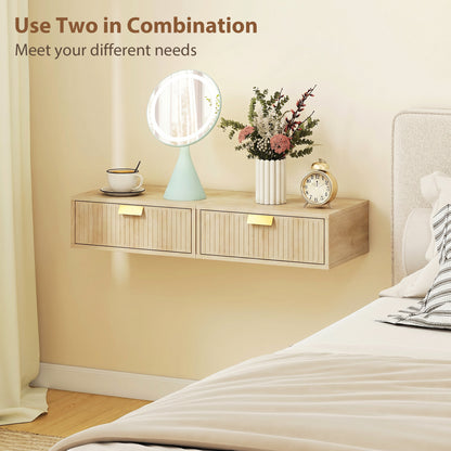 HOMCOM Modern Floating Nightstands Set of 2, Wall Mounted Bedside Tables with Wave Drawer Oak