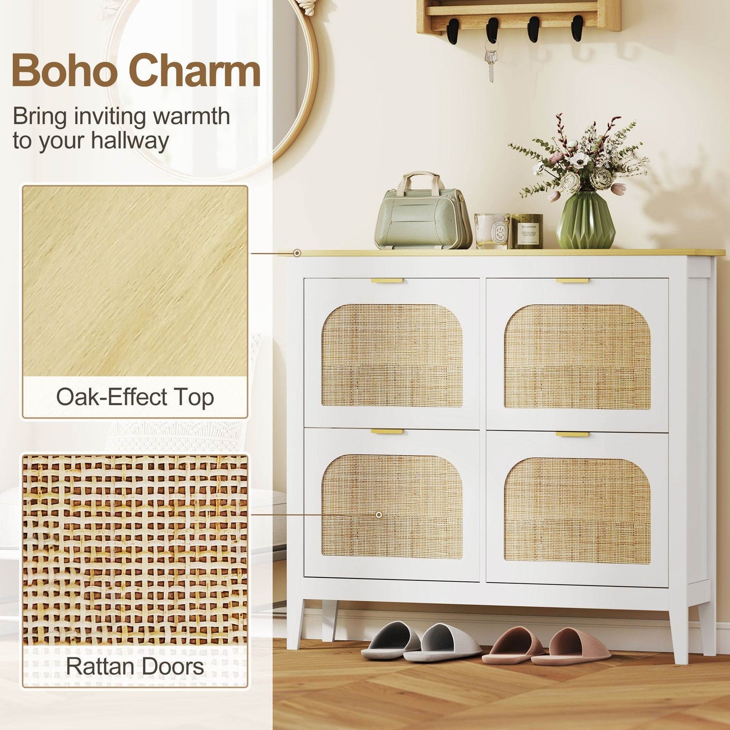 HOMCOM Narrow Shoe Cabinet, Boho Slim Shoe Storage Cabinet with 4 Flip Drawers, Holds 20 Pairs, White