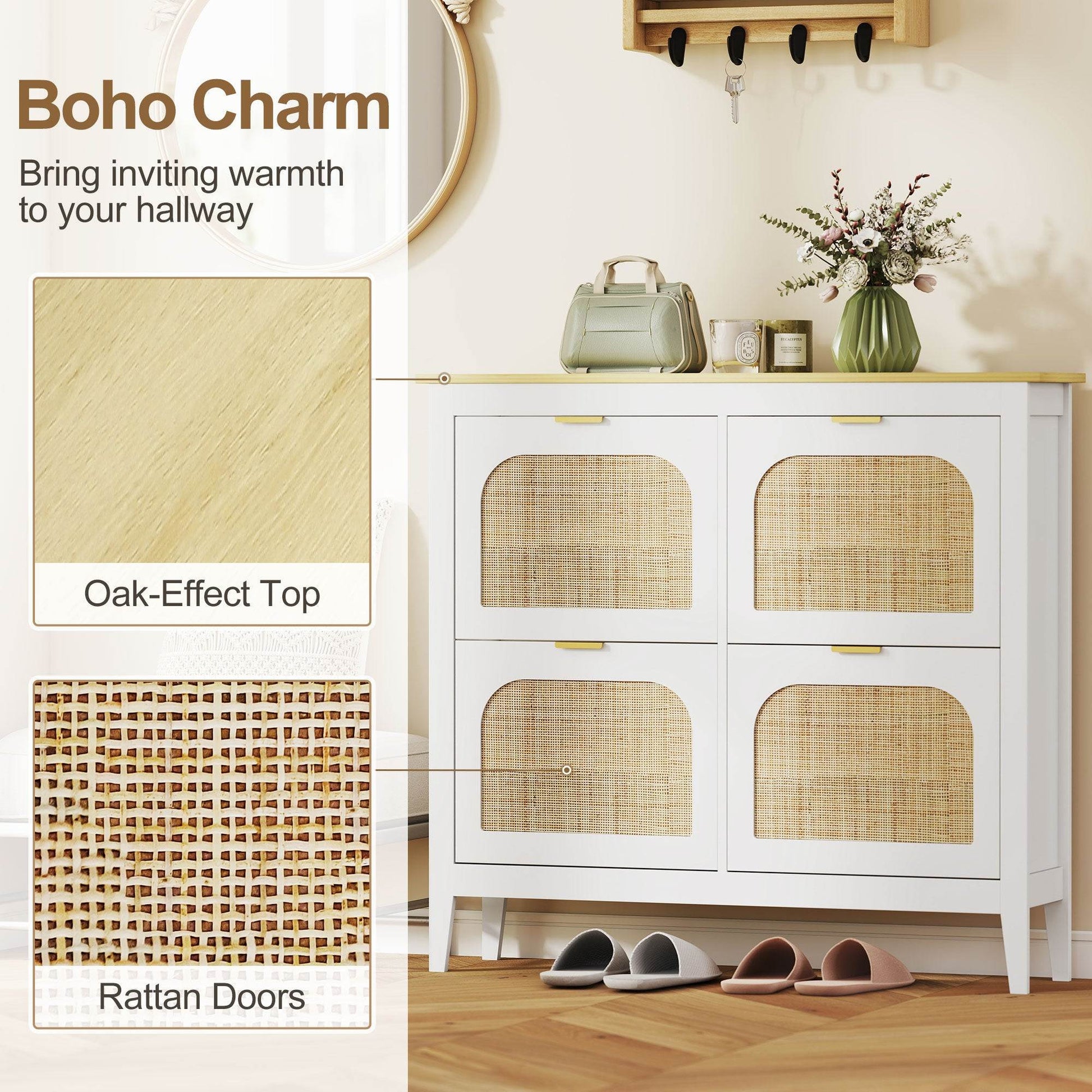 HOMCOM Narrow Shoe Cabinet, Boho Slim Shoe Storage Cabinet with 4 Flip Drawers, Holds 20 Pairs, White