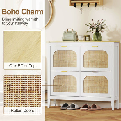 HOMCOM Narrow Shoe Cabinet, Boho Slim Shoe Storage Cabinet with 4 Flip Drawers, Holds 20 Pairs, White
