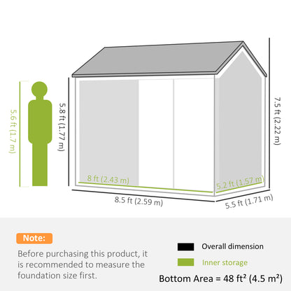 Outsunny 8 x 6 ft Galvanised Garden Shed, Outsoor Metal Storage Shed with Double Doors Window Air Vents, Grey