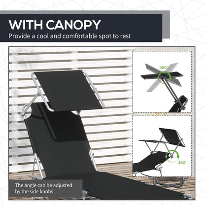 Outsunny Outdoor Foldable Sun Lounger, 4 Level Adjustable Backrest Reclining Sun Lounger Chair with Angle Adjust Sun Shade Awning for Beach, Garden, Patio, Black