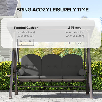 Outsunny 3 Seater Garden Swing Chair Outdoor Hammock Bench w/ Adjustable Canopy, Cushions and Cup Trays, Brown Steel Frame, Dark Grey Fabric