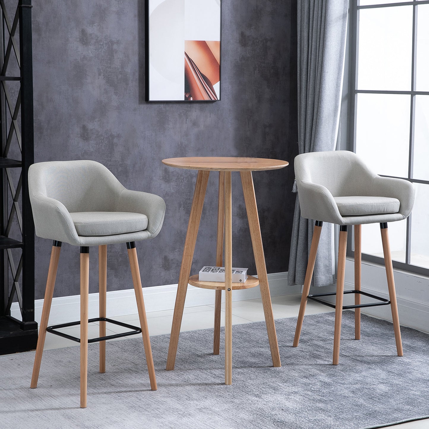 HOMCOM Set of 2 Bar Stools Modern Upholstered Seat Bar Chairs with Metal Frame, Solid Wood Legs Living Room Dining Room Fabric Furniture - Beige