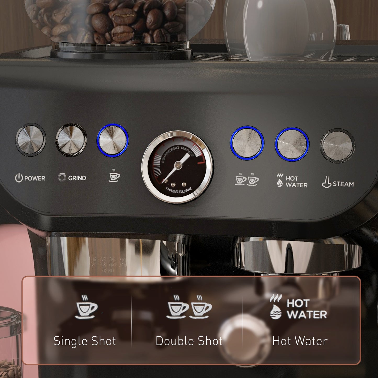 HOMCOM 15 Bar Coffee Machine, with Adjustable Grind, Steamer and Accessories - Black