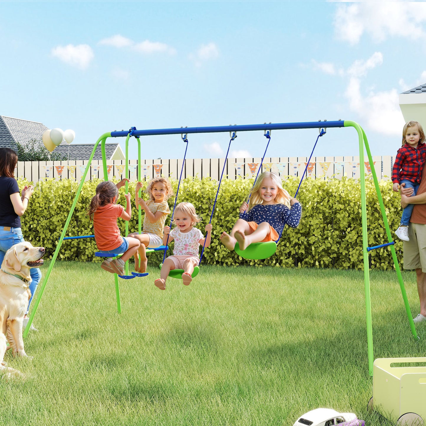 Outsunny Metal Garden Swing Set Height Adjustable Children Outdoor Backyard Play Set for Toddlers Over 3 Years Old, Green
