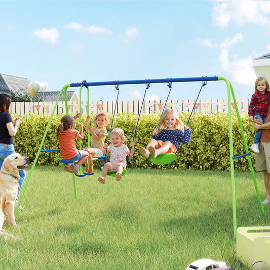 Outsunny Metal Garden Swing Set Height Adjustable Children Outdoor Backyard Play Set for Toddlers Over 3 Years Old, Green