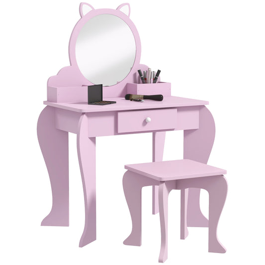 ZONEKIZ Kids Vanity Table with Mirror, Stool, Drawer, Storage Boxes, Cat Design, for Ages 3-6 Years - Pink--ChewyGames-ChewyGames
