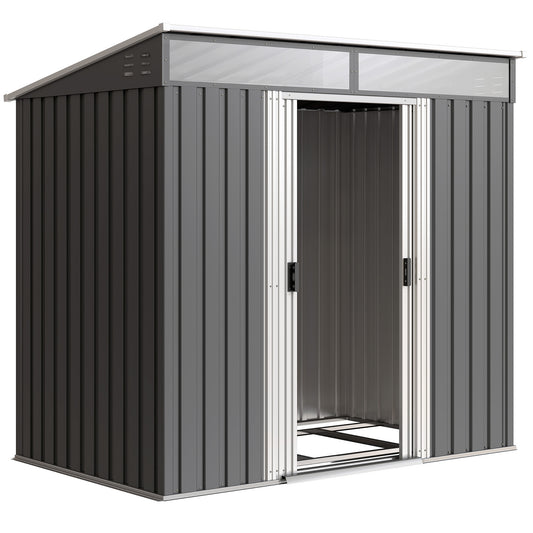 Outsunny 6.5 x 4FT Galvanised Metal Shed with Foundation Kit, Lockable Tool Garden Shed with Double Sliding Doors, Vents, Grey