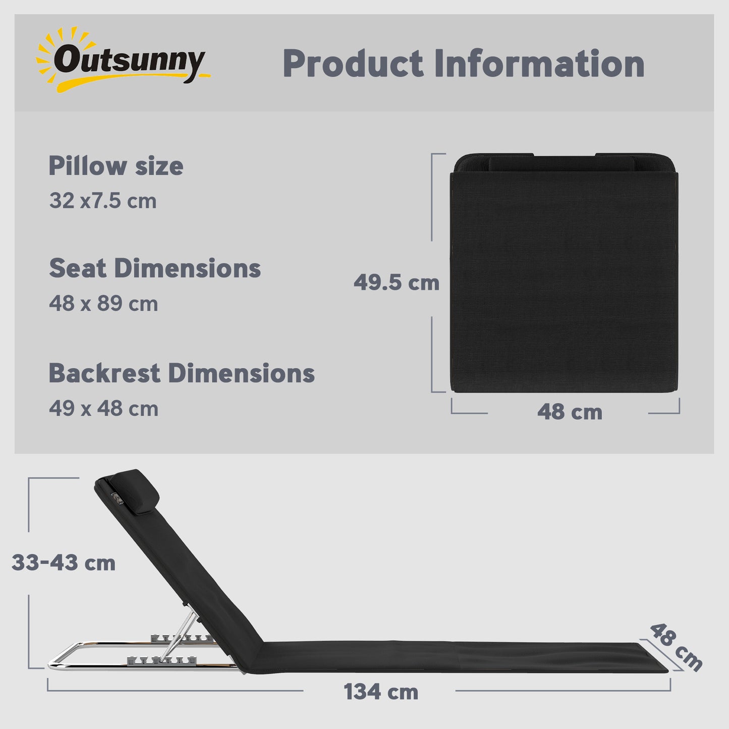 Outsunny Set of 2 Foldable Garden Beach Chair Mat Lightweight Outdoor Sun Lounger Seats Adjustable Back Metal Frame PE Fabric Head Pillow w/ Carry Bag, Black