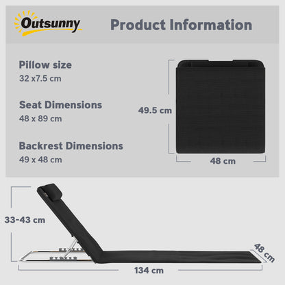 Outsunny Set of 2 Foldable Garden Beach Chair Mat Lightweight Outdoor Sun Lounger Seats Adjustable Back Metal Frame PE Fabric Head Pillow w/ Carry Bag, Black