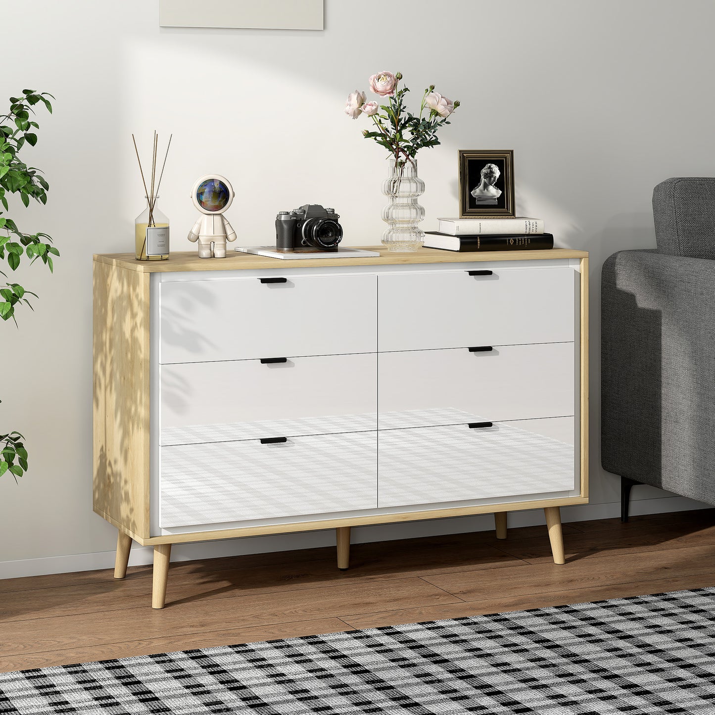 HOMCOM Storage Cabinet, Chest of Drawers with 6  Drawers and 5 Legs for Bedroom,  High Gloss White