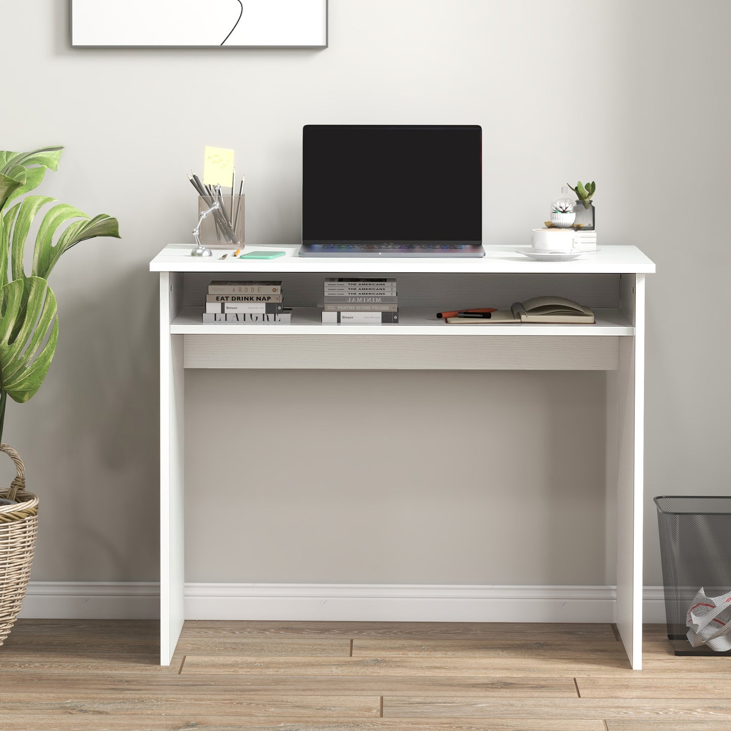 HOMCOM Home Office Furniture Set, Modern Computer Desk with Storage Shelf and Ergonomic Mesh Chair with Flip-Up Arms, Lumbar Support, Adjustable Height, Swivel Wheels, White and Grey