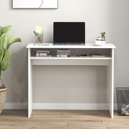 HOMCOM Home Office Furniture Set, Modern Computer Desk with Storage Shelf and Ergonomic Mesh Chair with Flip-Up Arms, Lumbar Support, Adjustable Height, Swivel Wheels, White and Grey