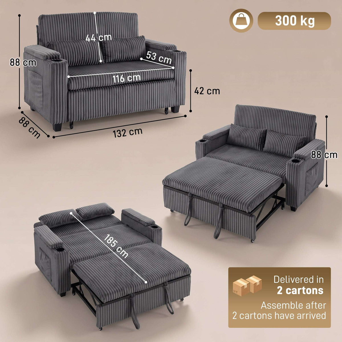 HOMCOM 2 Seater Sofa Bed, Pull Out Sleeper Sofa w/ Adjustable Backrest, Storage Armrests, Cup Holders, Side Pockets, Dark Grey