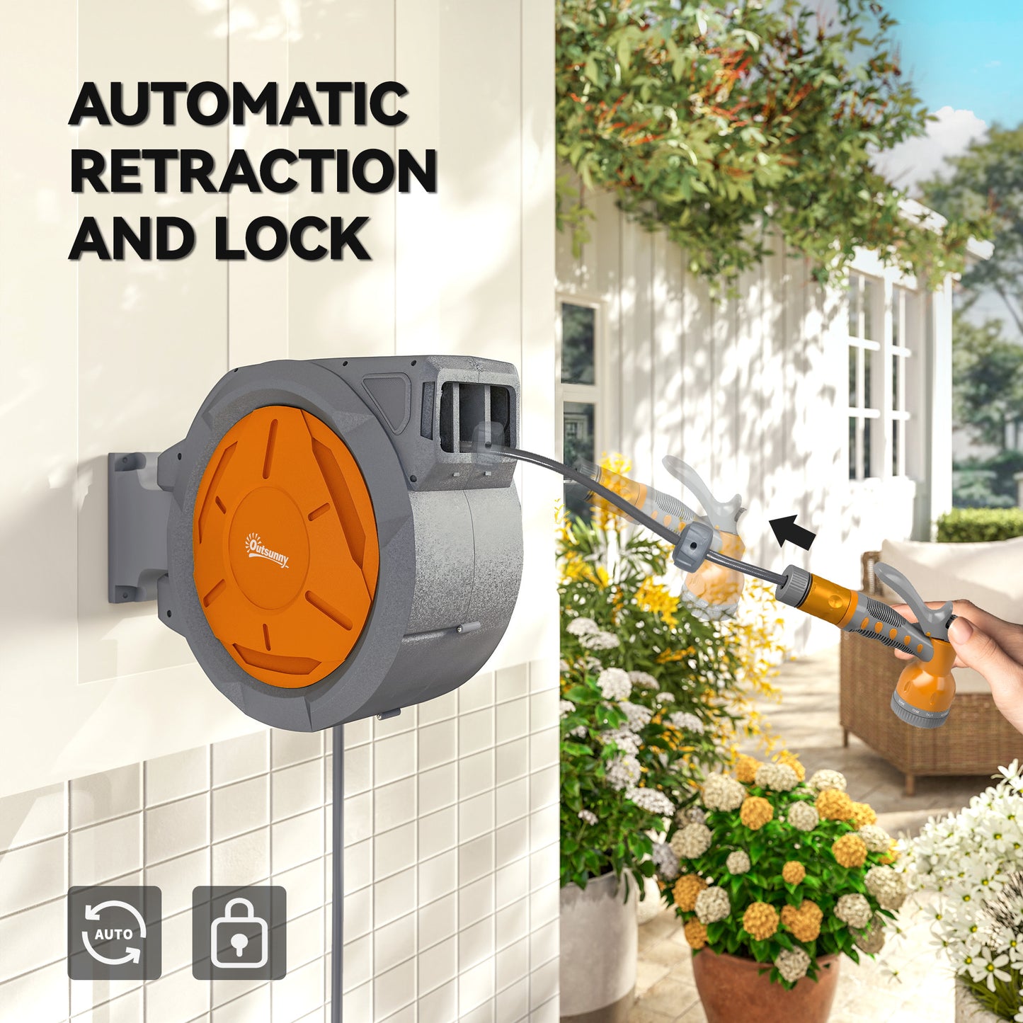 Outsunny Retractable Hose Reel Wall Mounted, 30+2m Garden Hose Pipe Reel with Lock, Auto Rewind, 7 in 1 Spray Nozzle, Includes Wall Fixings, 180° Swivel, Outdoor Watering, 59 x 23 x 42 cm, Orange