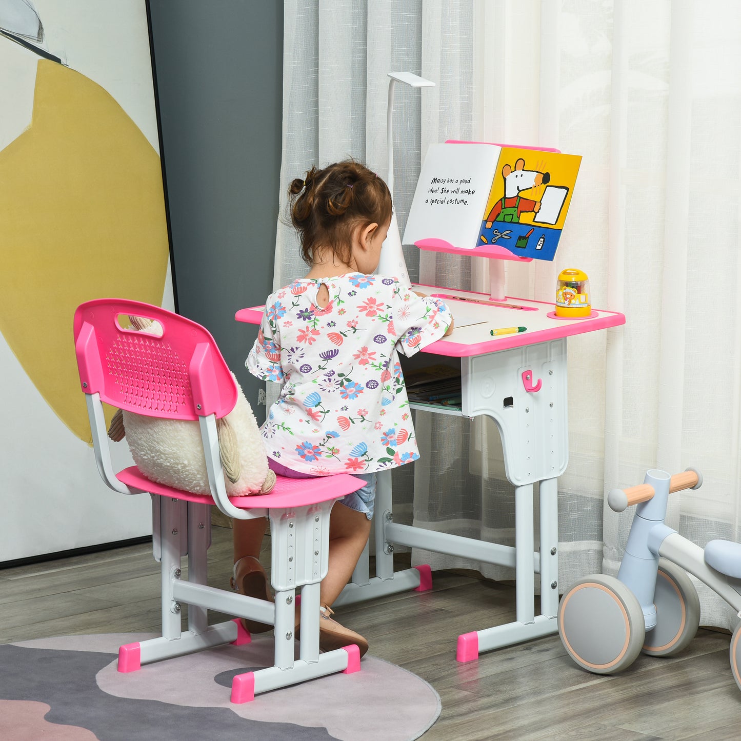 HOMCOM Kids Desk and Chair Set Adjustable Height Study Table Set with Drawer, Book Stand, Pen Slot - Pink