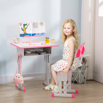 HOMCOM Kids Adjustable Desk and Chair Set, Book Stand, Pen Slot - Pink