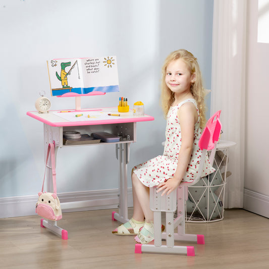 HOMCOM Kids Adjustable Desk and Chair Set, Book Stand, Pen Slot - Pink