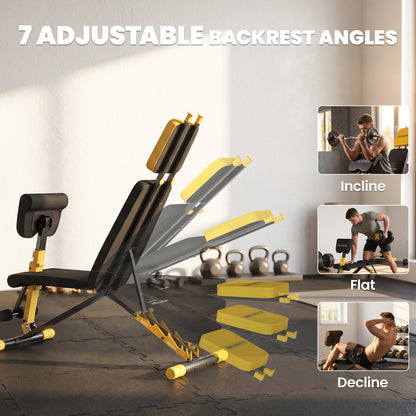 SPORTNOW Adjustable Weight Bench for Home Gym, 300kg Incline Decline Flat Foldable Bench Press with 7 Backrest Positions, Yellow