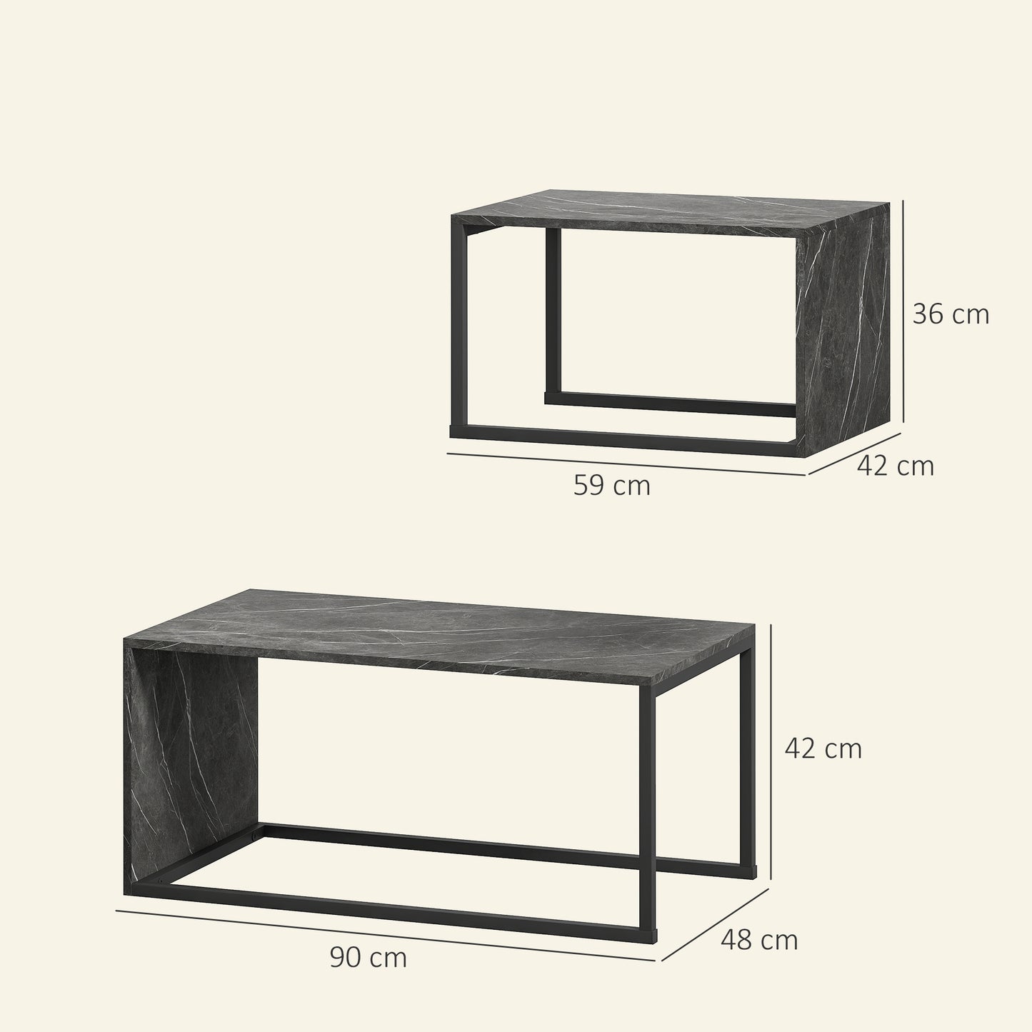 HOMCOM Nesting Coffee Table Set of 2, Industrial Stacking Side End Tables with Metal Frame for Living Room, Bedroom, Dark Grey Marble Effect