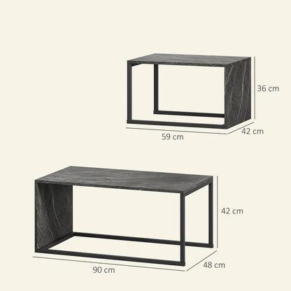HOMCOM Nesting Coffee Table Set of 2, Industrial Stacking Side End Tables with Metal Frame for Living Room, Bedroom, Dark Grey Marble Effect