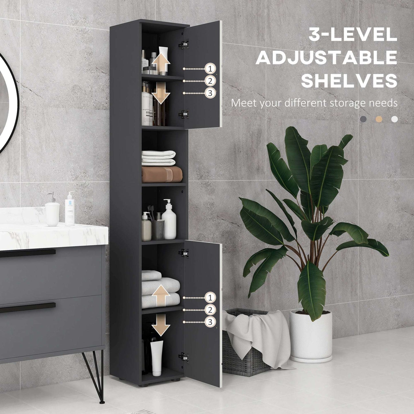kleankin Line Embossed Tall Bathroom Storage Cabinet with Three-position Adjustable Shelves for Minimalist Style - Grey