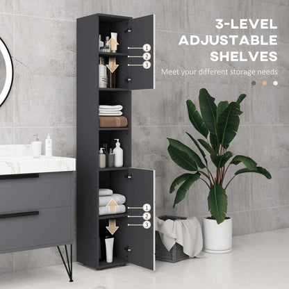 kleankin Line Embossed Tall Bathroom Storage Cabinet with Three-position Adjustable Shelves for Minimalist Style - Grey