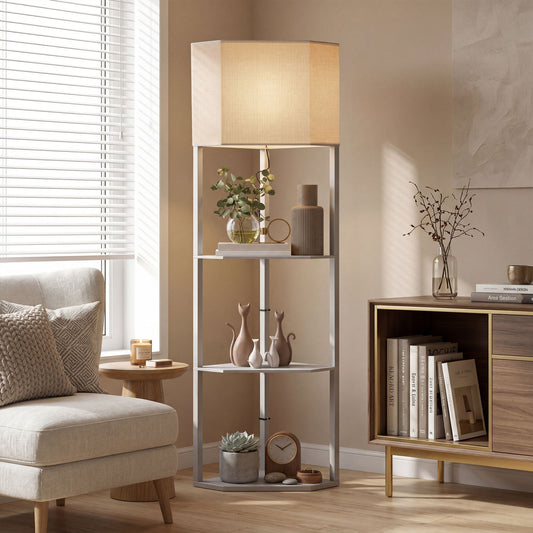 HOMCOM Corner Floor Lamp with Shelves, Tall Standing Lamps for Living Room, with Pull Chain Switch Bulb not Included, Grey