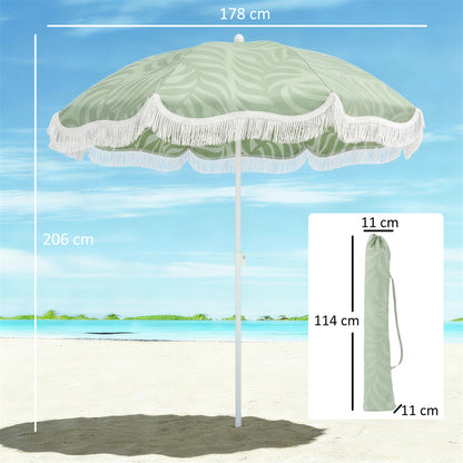 Outsunny 1.8 m Beach Umbrella Parasol with Sand Anchor, Portable Tilting Garden Parasol with Adjustable Height, Green
