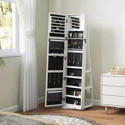 HOMCOM 360° Swivel Jewellery Cabinet, Free Standing Full Length Mirror with Storage, Lockable Jewellery Organiser with Built-in Makeup Mirror and Storage Shelves for Bedroom, White