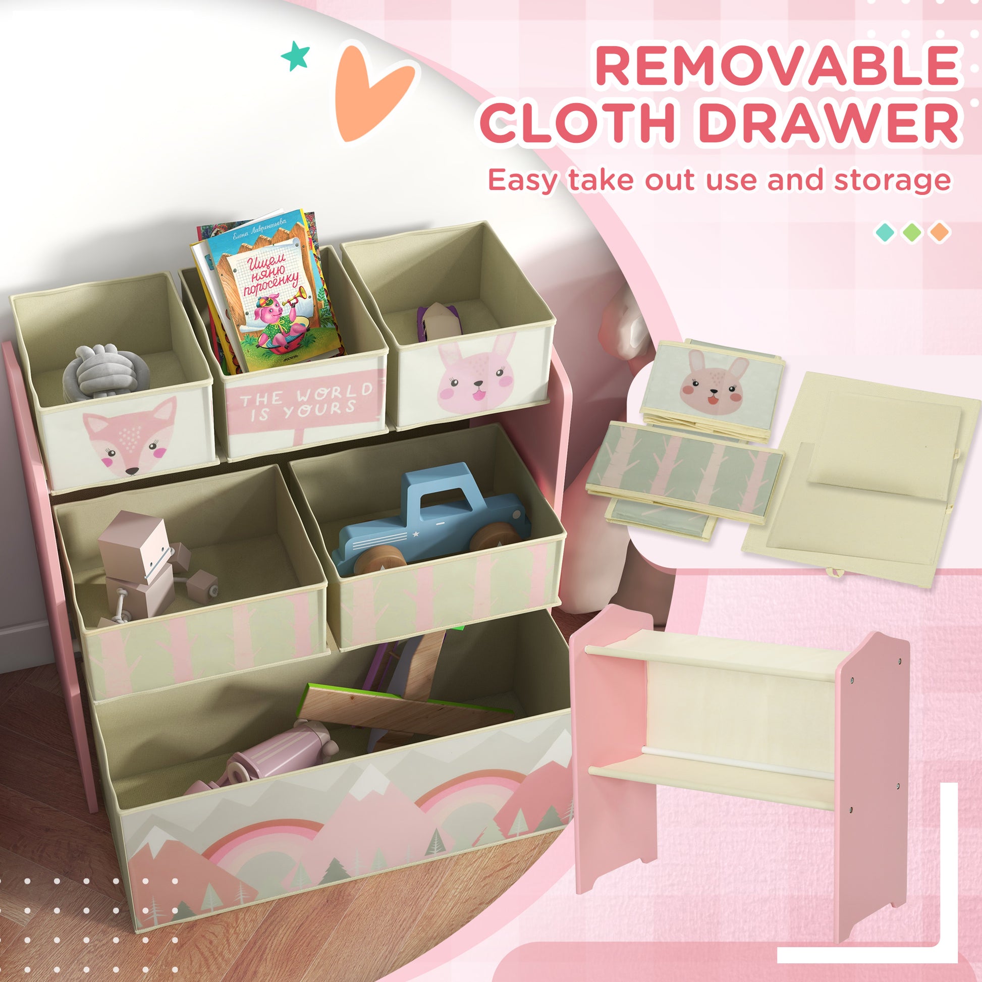 ZONEKIZ Kids Storage Unit, Toy Storage Organiser, with Six Fabric Bins, for Bedrooms, Playrooms, Nurseries - Pink--ChewyGames-ChewyGames