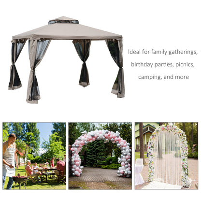 Outsunny Outdoor Gazebo, 2-tier Roof with Netting, 295L x 295W x 263Hcm-Taupe