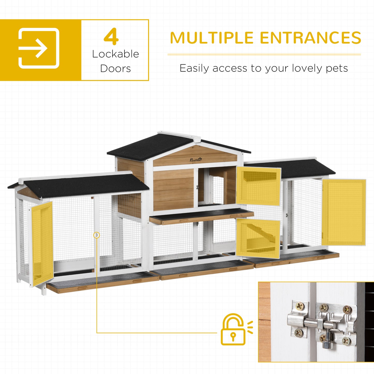 PawHut 2-Tier Large Rabbit Hutch Outdoor with Double Side Run Boxes, No-leak Plastic Tray, Ramp, 230 x 53 x 93.5cm, White