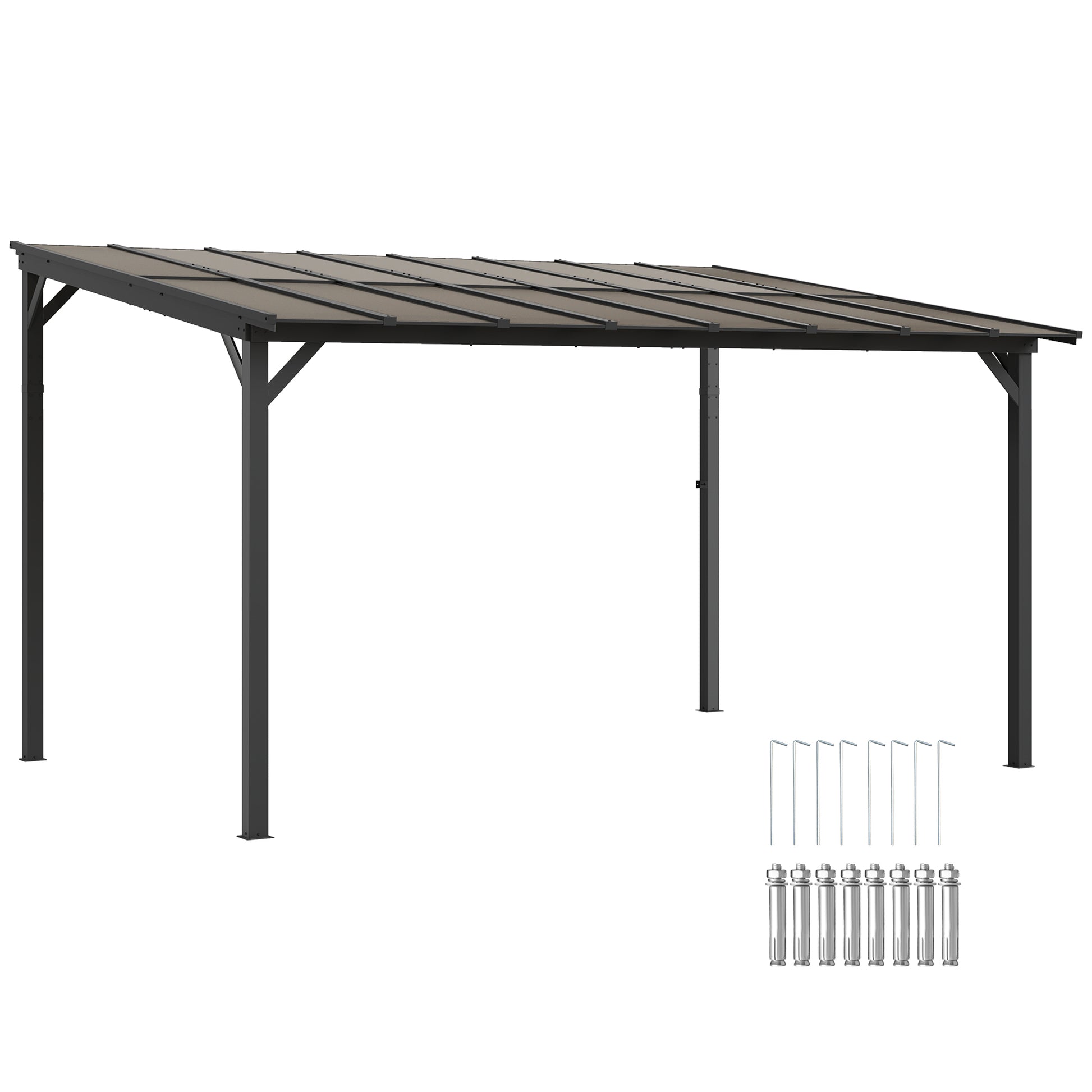 Outsunny 3 x 4.3 m Lean to Pergola with UPF 50+ Waterproof Polycarbonate Roof, Wall-Mounted or Free Standing Hardtop Roof Garden Metal Pergola Gazebo, Heavy Duty Outdoor Sun Shade, Dark Grey--ChewyGames-ChewyGames