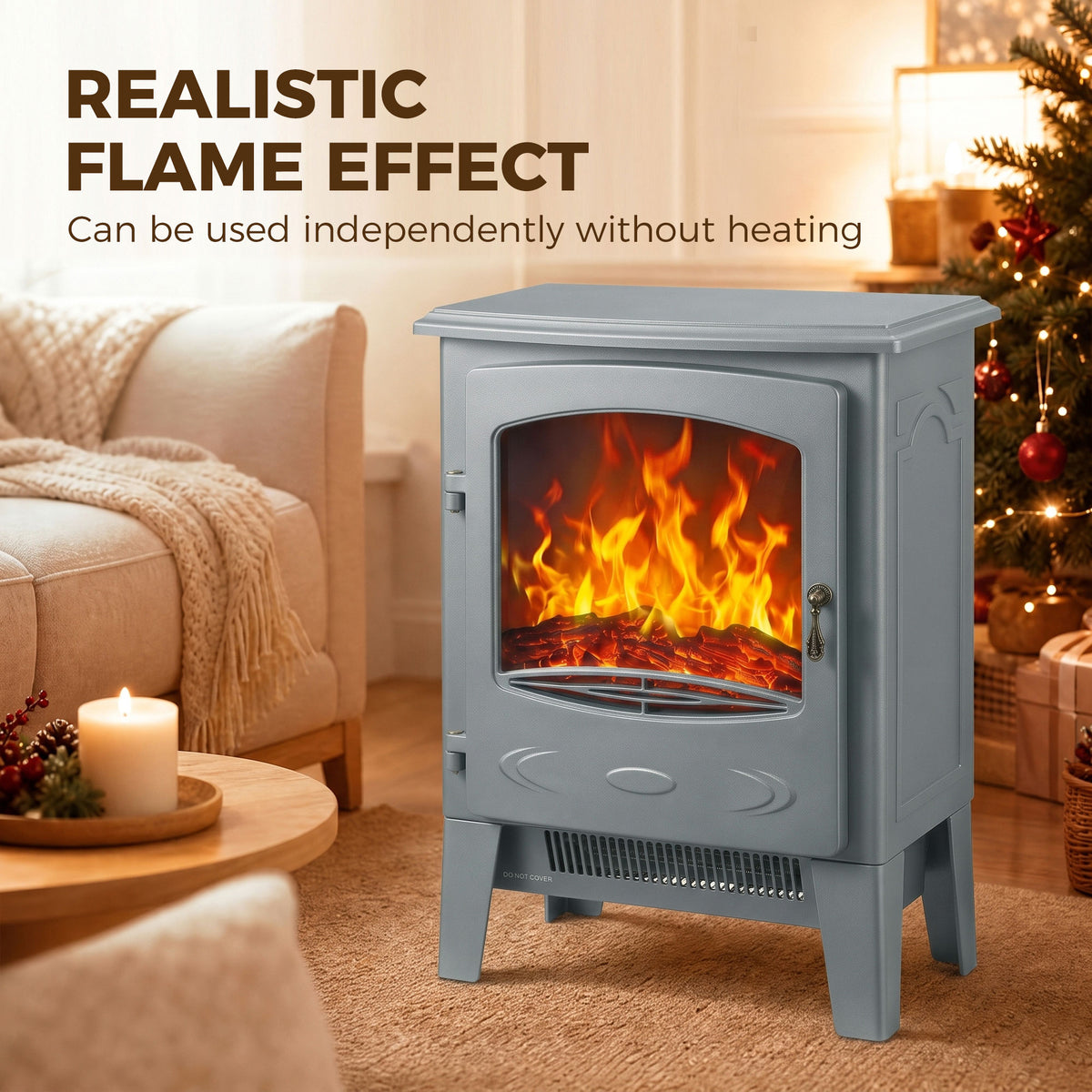 HOMCOM Electric Fireplace, Freestanding Electric Fire with Realistic Flame Effect, Log Burner, 1000W/ 2000W, Grey