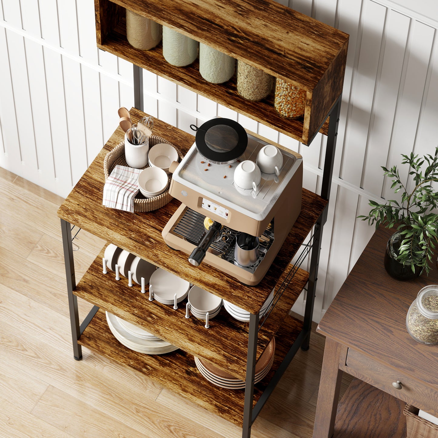 HOMCOM Kitchen Storage Rack, Bakers Rack with Power Outlet, USB Charger, Rustic Brown