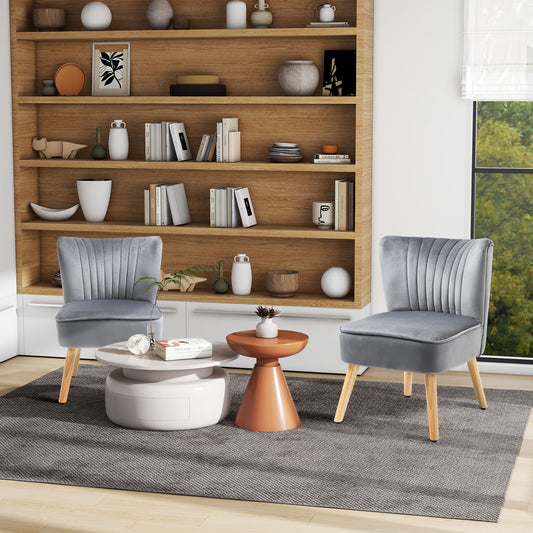 HOMCOM Velvet Accent Chair Occasional Tub Seat Padding Curved Back with Wood Frame Legs Home Furniture for Bedroom Living Room Set of 2 Grey