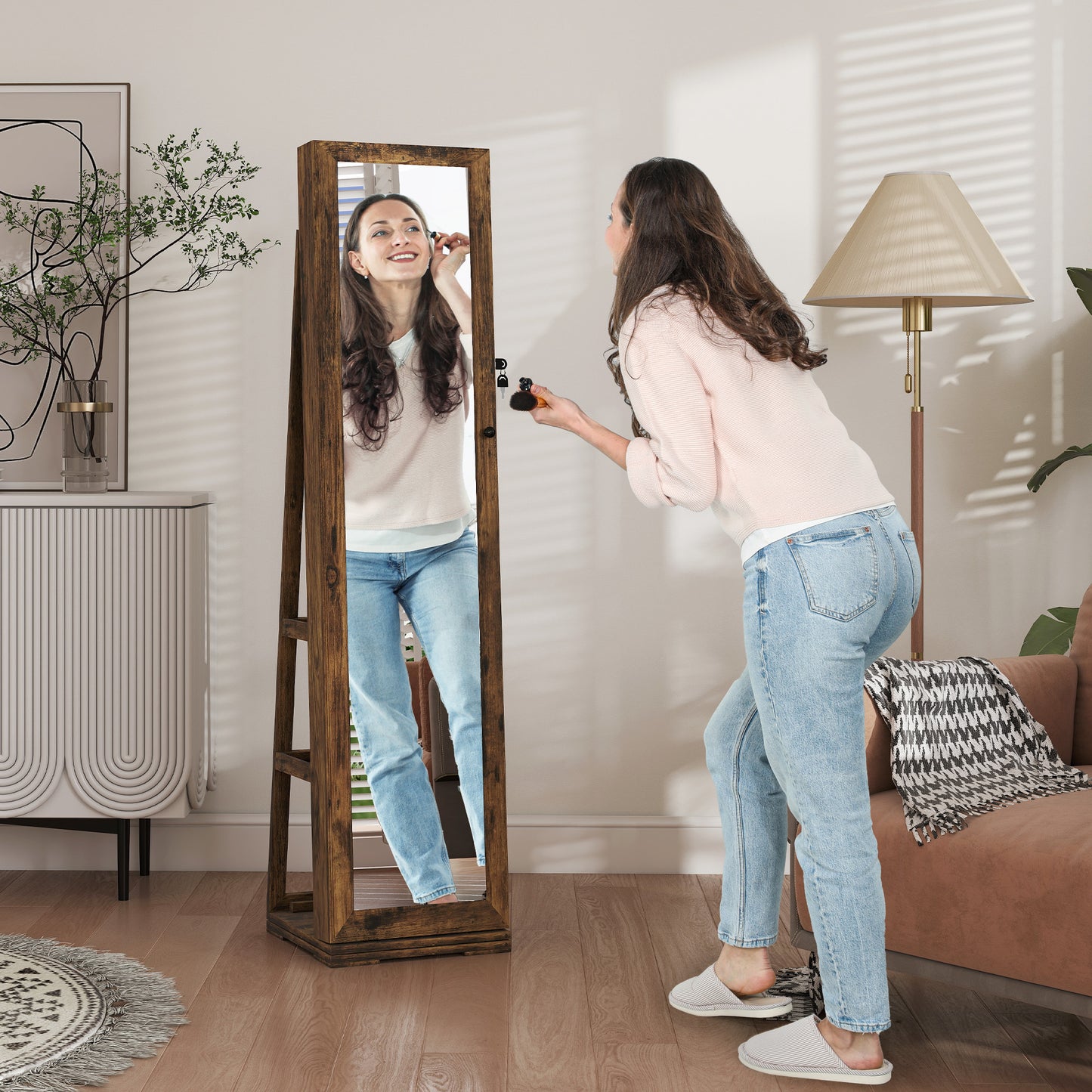 HOMCOM 360° Swivel Jewellery Cabinet, Free Standing Full Length Mirror with Storage, Lockable Jewellery Organiser with Built-in Makeup Mirror and Storage Shelves for Bedroom, Rustic Brown