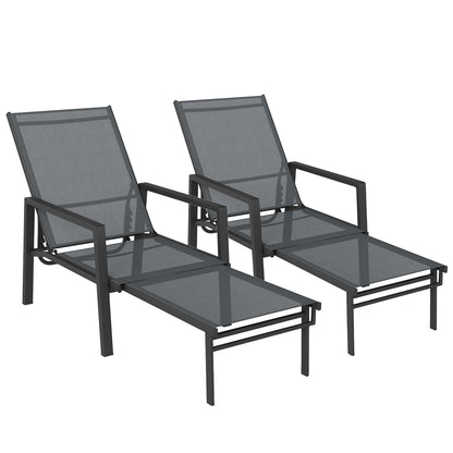 Outsunny Sun Loungers Set of 2 Retractable Footrest 5-Position Adjustable Steel Frame for Beach, Porch, Patio, Camping, Dark Grey--ChewyGames-ChewyGames