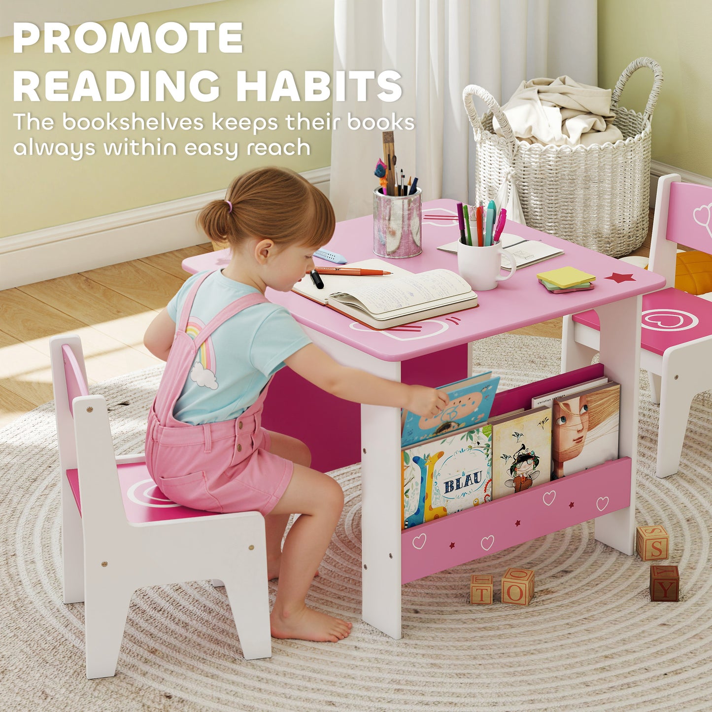 AIYAPLAY 3 Pieces Kids Table and Chair Set, Toddler Activity Table with Bookshelves, for Living Room, Nursery, Playroom, Pink