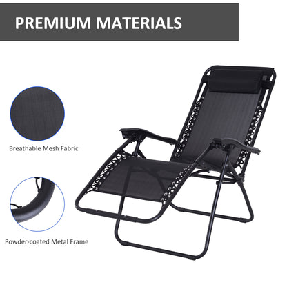 Outsunny Zero Gravity Chair Set of 2, Metal Frame Texteline Armchair Outdoor Folding and Reclining Sun Lounger with Head Pillow for Patio Decking Gardens Camping, Black