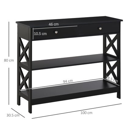 HOMCOM Console Table Side Desk w/ Shelves Drawers Open Top X Support Frame Living Room Hallway Home Office Furniture Black