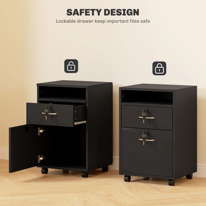 HOMCOM Filing Cabinet, Mobile File Cabinet with 2 Lockable Drawers, Office Home Organiser on Wheels for A4, Letter-Size File Folders, Mobile Printer with Open Shelf, Black