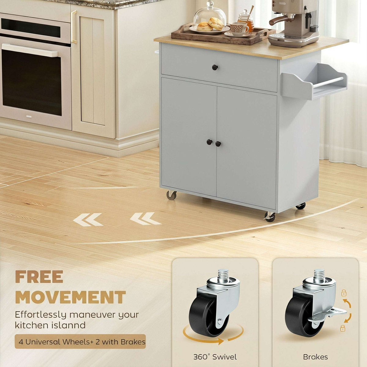 HOMCOM Kitchen Island with Drop Leaf, Rolling Kitchen Storage Trolley on Wheels with Drawer, Spice Rack and Towel Rack, Grey