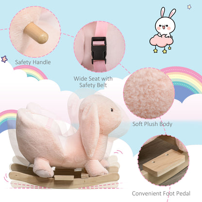 HOMCOM Baby Rocking Horse, Plush Baby Rocker Rabbit Ride-On Toy with Sound, Wood Base, Seatbelt, for Ages 18-36 Months, Pink