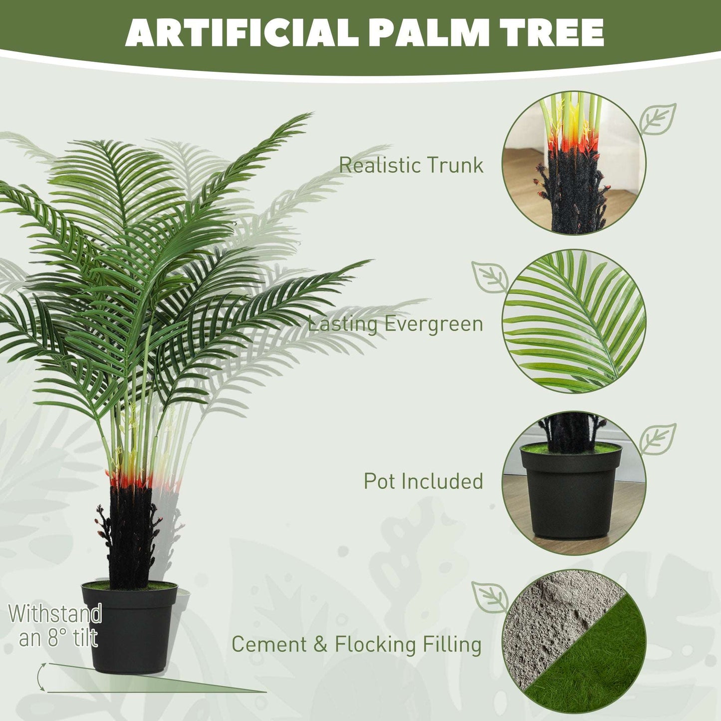 HOMCOM 120cm Artificial Areca Palm Tree with 9 PE Leaves, Decorative Artificial Plant with Plastic Pot and Flocked Soil, Fake Plant for Home Office Decor, Green