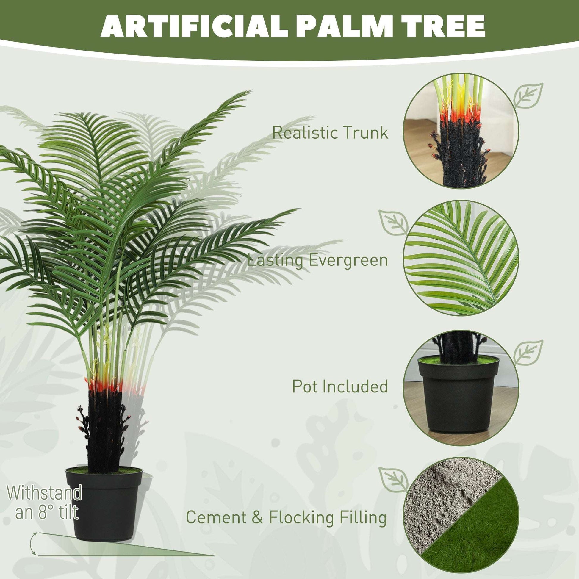 HOMCOM 120cm Artificial Areca Palm Tree with 9 PE Leaves, Decorative Artificial Plant with Plastic Pot and Flocked Soil, Fake Plant for Home Office Decor, Green