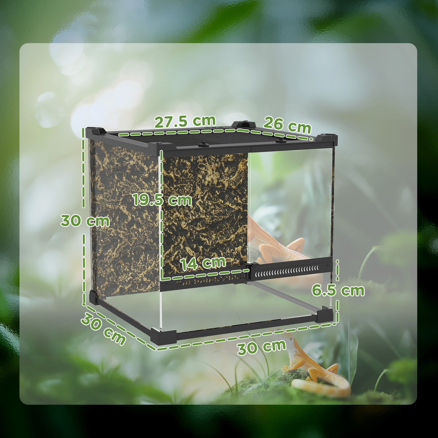PawHut Reptile Glass Terrarium with Stone Background, Front Ventilation, Escape-Proof Knob Lock, 30 x 30 x 30 cm, Black