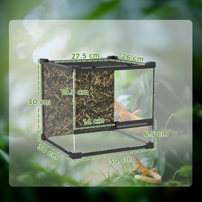 PawHut Reptile Glass Terrarium with Stone Background, Front Ventilation, Escape-Proof Knob Lock, 30 x 30 x 30 cm, Black